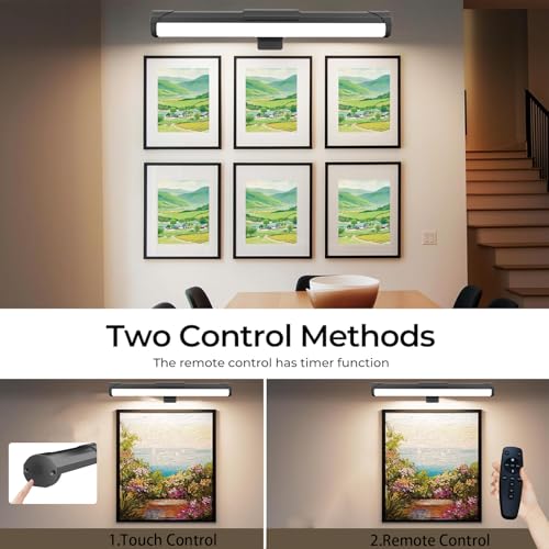Image of MIOBLUE Picture Light Battery Operated, 13.8in Wireless Art Light for Paintings, Dimmable 4400mAh Recharging Battery Display Light with Remote Control for Wall, Gallery Dartboard Art Bedroom