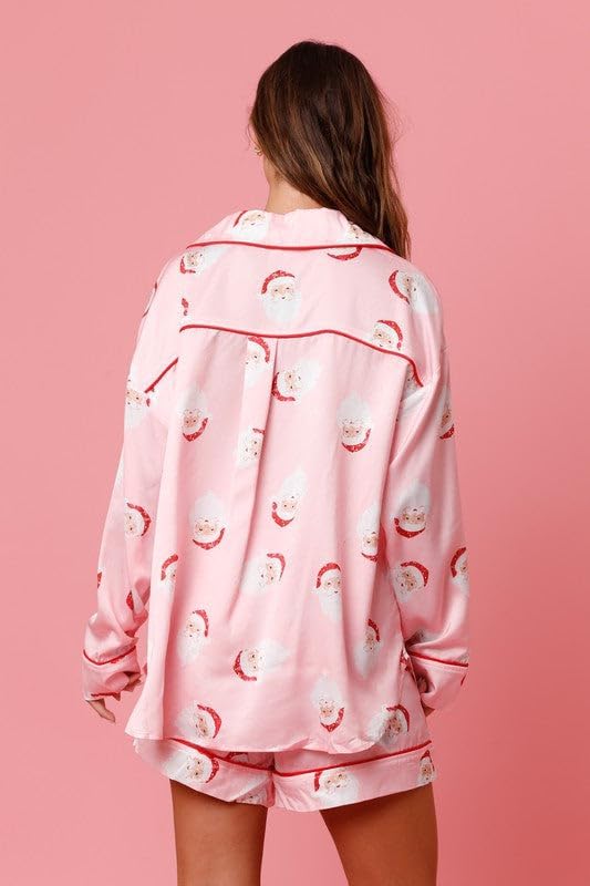Women Christmas Pajamas Shorts Set Santa Claus Pjs Long Sleeve Button Down Shirt+Pants 2 Piece Xmas Jammies Loungewear - Image 3