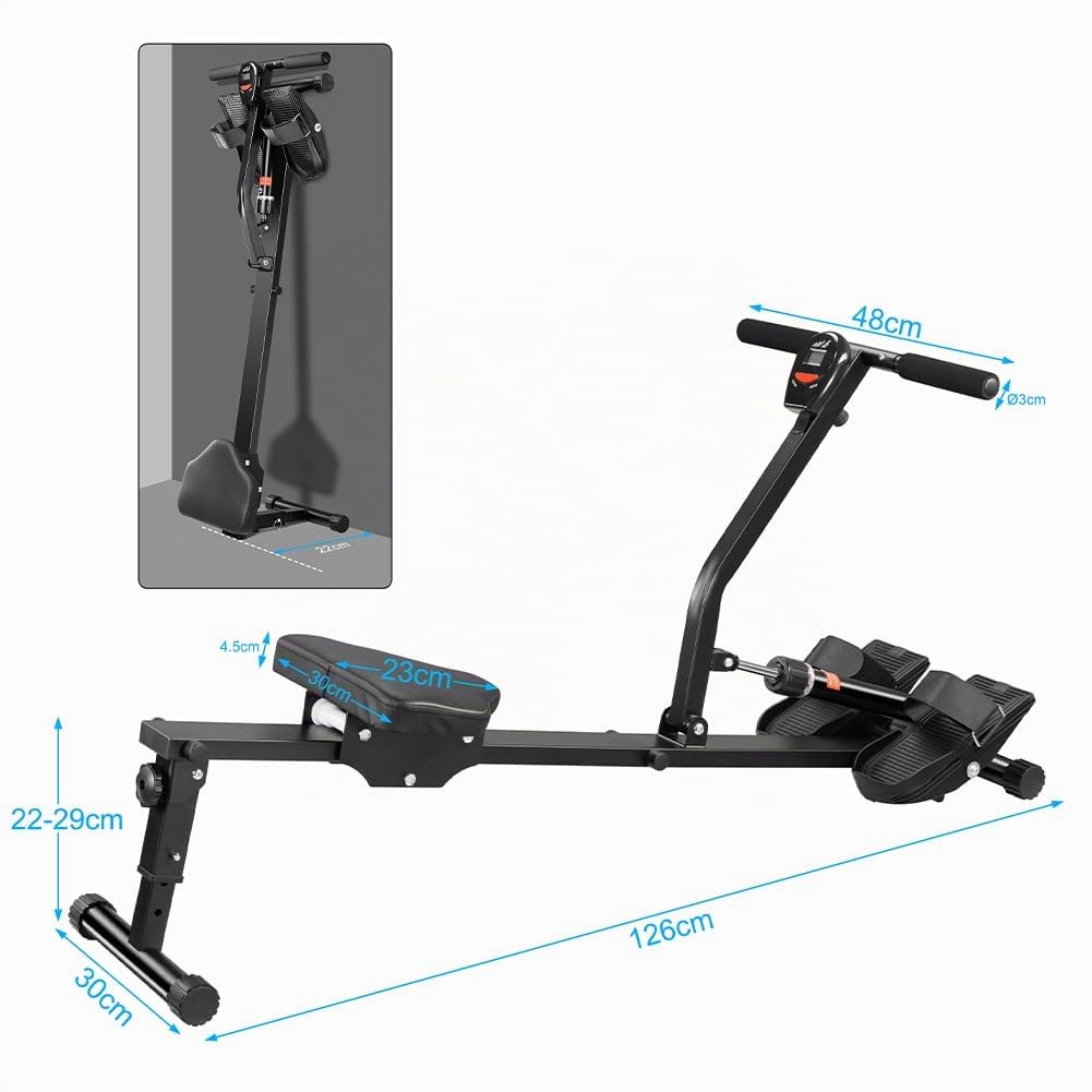 BAKAJI Máquina de Remo Plegable para casa, Ahorra Espacio y silencioso, Equipo de Entrenamiento para Interiores con Pantalla LCD y 12 Niveles de Resistencia, Capacidad de Carga 120 kg, Ideal para
