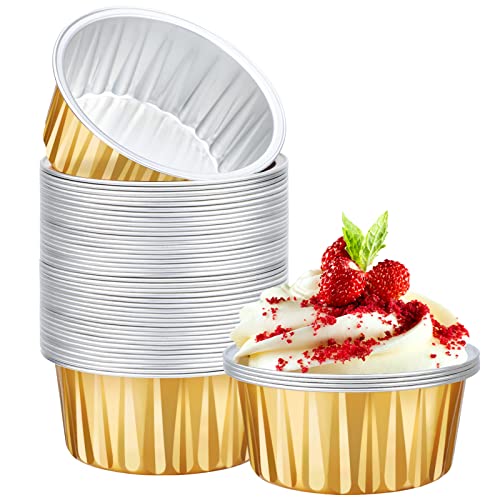 EUSOAR Disposable Creme Brulee Ramekins, 50pcs 5oz Baking Cups Ramekins Aluminum Foil Dessert Cups, Gold Cupcake Liners Mini Muffin Pans, Recyclable Economical Catering Favor Baking Cups for Party