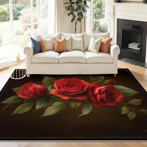 Alfombra Salon 90 x 150 cm Antideslizante Alfombras Lavables en Lavadora Habitacion Dormitorio Rosas Vintage Estilo William Morris Comedor Modernas Tapete Quarto Pelo Corto Rojo