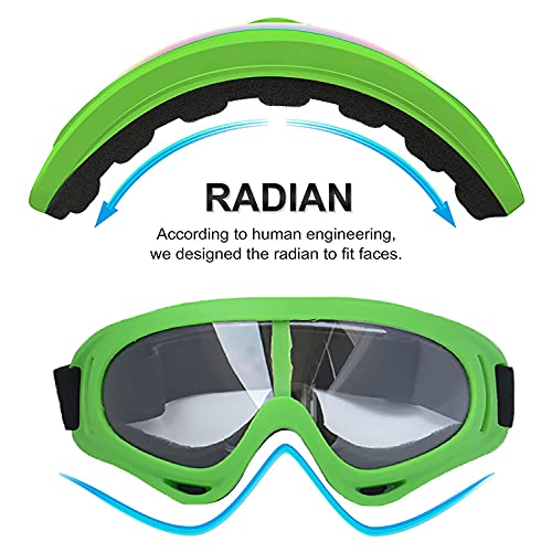 Image of LJDJ Motorcycle Goggles,2 Pack Dirt Bike ATV Motocross Riding Hiking Protective with 2 Pack Neck Breathable Bandana Mask (Green /Clear+Colorful Lenses)