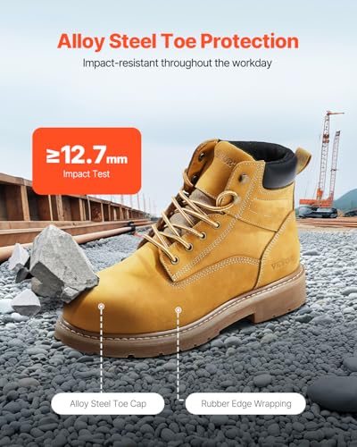 VEVOR Men's Steel Toe Work, Waterproof, Slip-Resistant, Lightweight and Breathable Rubber Sole Boots for Industry Construction, Brown Yellow2