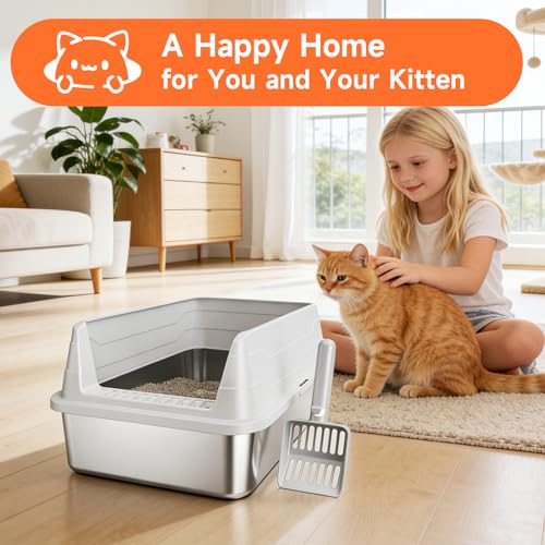Stainless Steel Cat Litter Box, Odor Free Metal Litter Box with High Sides Lid, Open Top Low Entry Litter Pan Include Scoop Easy Cleaning Anti-Scratch Kitty Cat Box Anti-Urine Leakage, Non-Sticky by KISENG - Image 9
