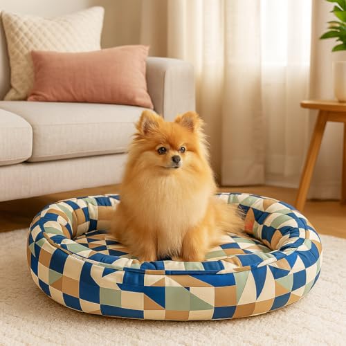 PawCloud Ultra Soft Dog Donut Bed | Cozy Round Pet Bed with Multicolour Abstract Print | Lightweight, Machine Washable, Comfortable Polyester Cotton Bed for Puppy, Small & Medium Breeds