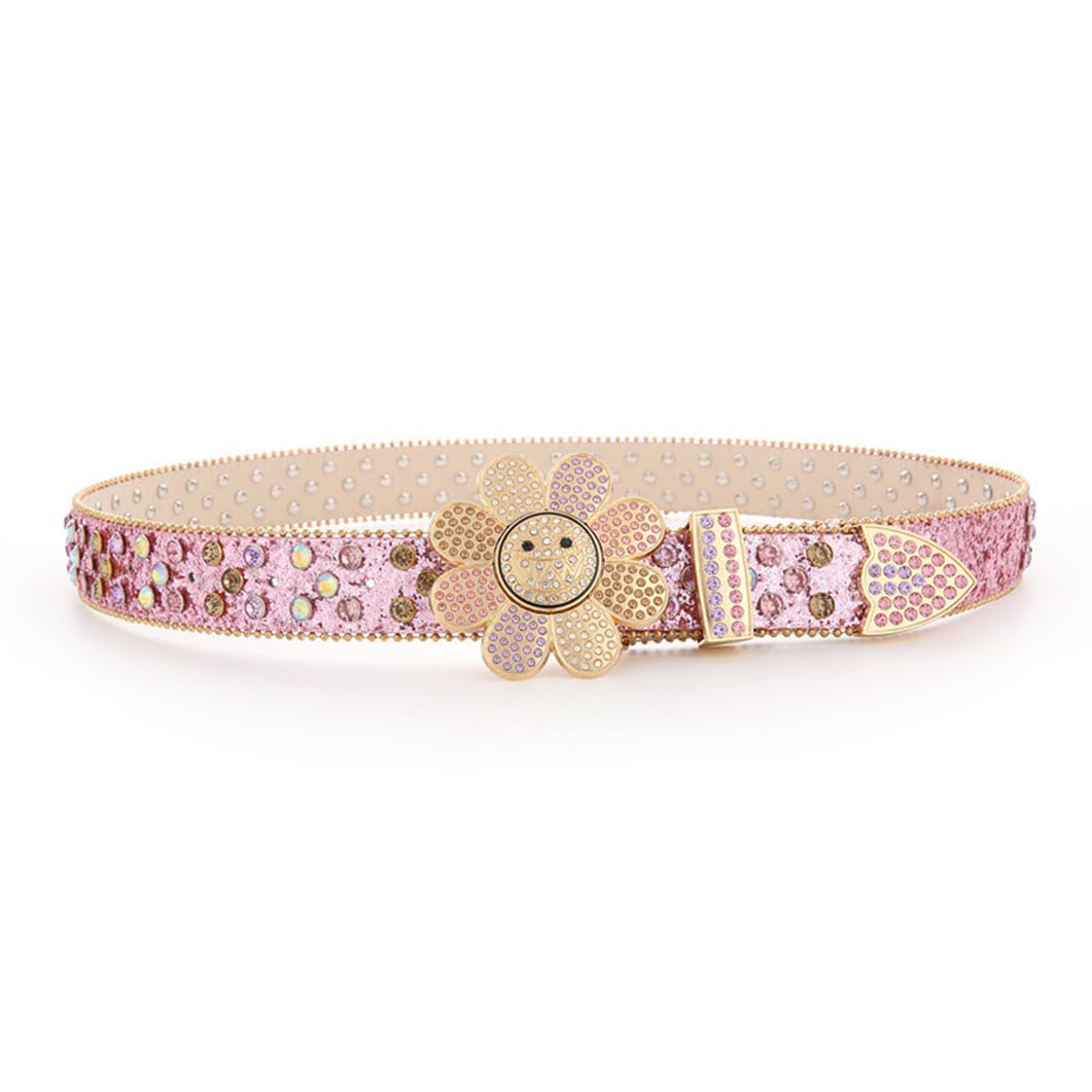 Cintura Occidentale Tempestata Di Strass Multicolor, Girevole In Pelle Con Paillettes Fibbia A Scatto Girasole 105 Cm Blu