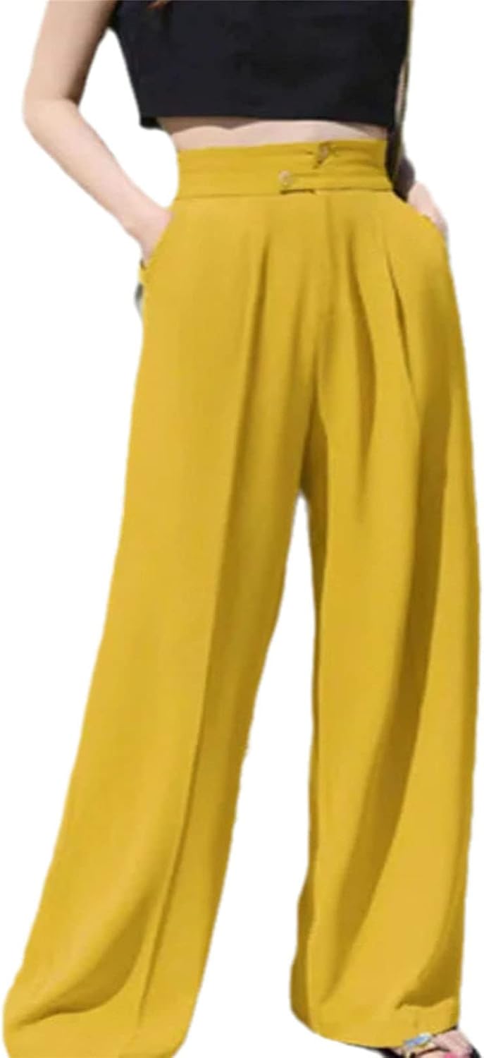 Kelsiop Wide-Leg Pants Women's Fashion Straight-Leg Pants Trousers Office Workers Solid Color High-Waisted Pants