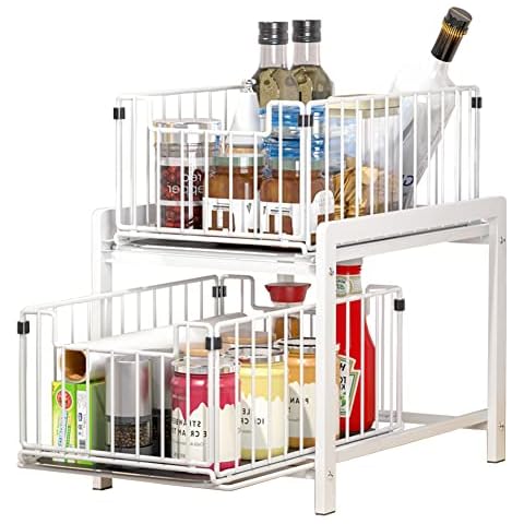 YunNasi Under Sink Storage 2-Tier Pull Out Sliding Basket for Cabinet Kitchen Cupboard Organiser Detachable Metal Storage Rack for Bathroom (Regular, WhiteWhite) Cover