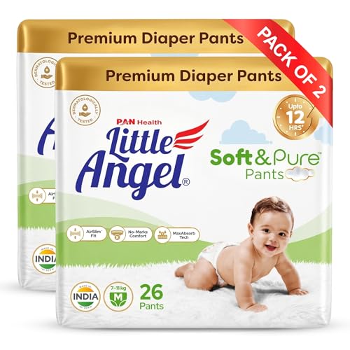Image of Little Angel Soft & Pure Premium Baby Diaper Pants | Medium (M) - 52 Count (7-12 Kgs) | With BreathableAir Layers for Rash-Free Comfort, Lightweight AirSlim Fit, No-Marks Soft Waistband, MaxAbsorb Dry Protection & Calendula Extracts for Baby's Soft Delicate Skin