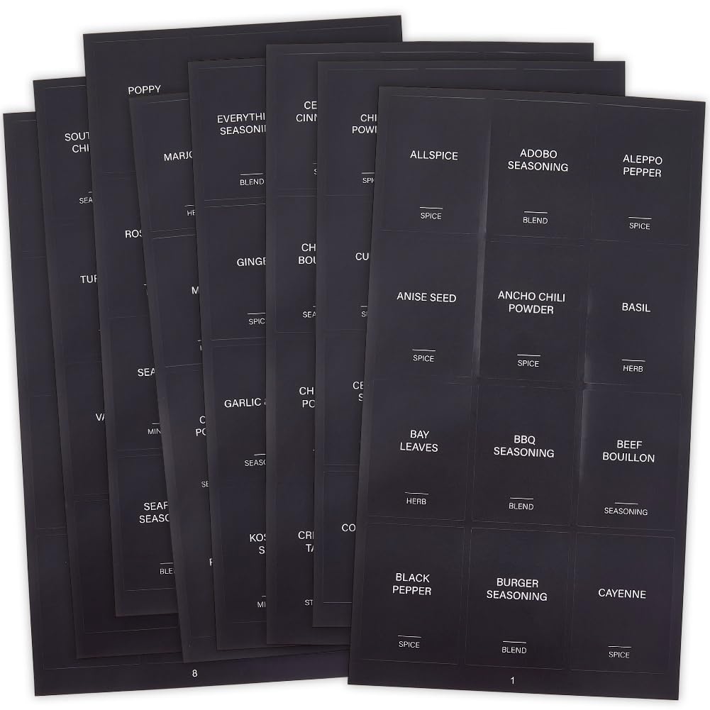 SOFPLATE 600Pcs 5 Sets 2 x 1.5In Black Spice Jars Labels Stickers Preprinted Waterproof Spice Bottle Stickers Rectangle Oil Resistant Labels for
