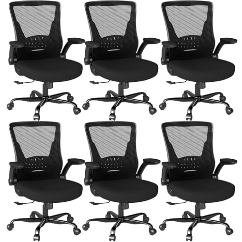 Image of Mesh Office Chair, Comfy Desk Chair with Flip-Up Armrests, 6PC | 300 LBS Capacity, Black Breathable Mesh, Adjustable Height, 360 Swivel Wheels, Computer Chair for Study, Home Space Saving