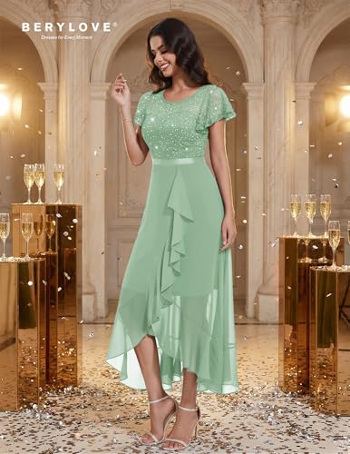 Image of BeryLove Formal Long Dresses for Women Wedding Guest Cocktail Bridesmaid | Airy Lace & Chiffon Evening Gown, Flutter Sleeve, Ideal for Mother of the Bride, Prom, Homecoming Party & Semi-Foraml Events