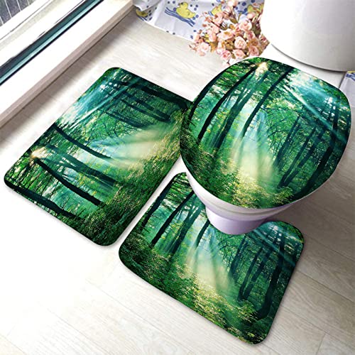 Badezimmerteppich-Set, 3-teilig, Sonnengrün, Waldbäume, waschbare Badeteppiche, rutschfest, mit Rückenpolster, Konturteppich und Toilettendeckelbezug