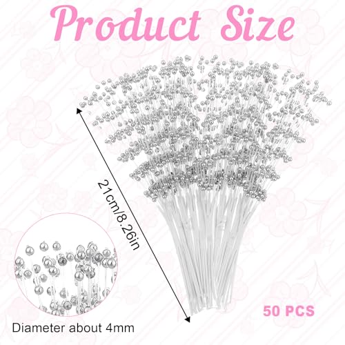 image for Xelsluthe Silver Floral Picks, 50pcs 4mm Pearl Stick Stems Bouquets Si