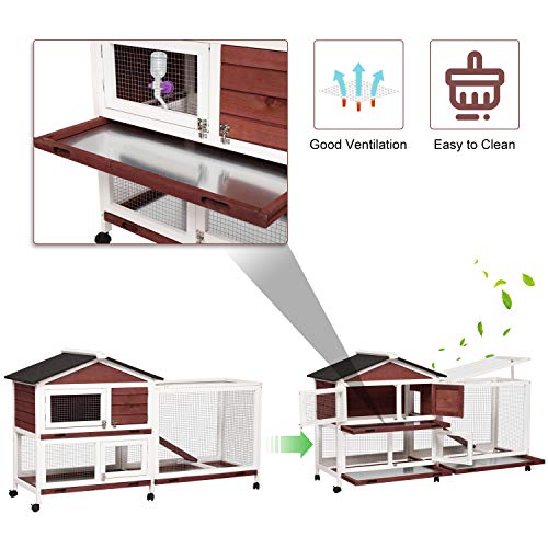 Kinpaw 63\" Rabbit Hutch Indoor Bunny Cage Small Animal House Poultry Coop with Wheels for Guinea Pig Duck with Removable Tray & Ramp - Thumbnail 5