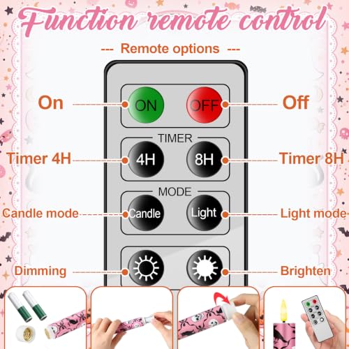 Image of Aurelema 6 Pcs Halloween LED Flameless Candle Set Pink Spooky Taper Candles Battery Operated with Remote Cute Ghost Candles Horror Pumpkin Decorations for Home Halloween Party Favors Holiday Decor
