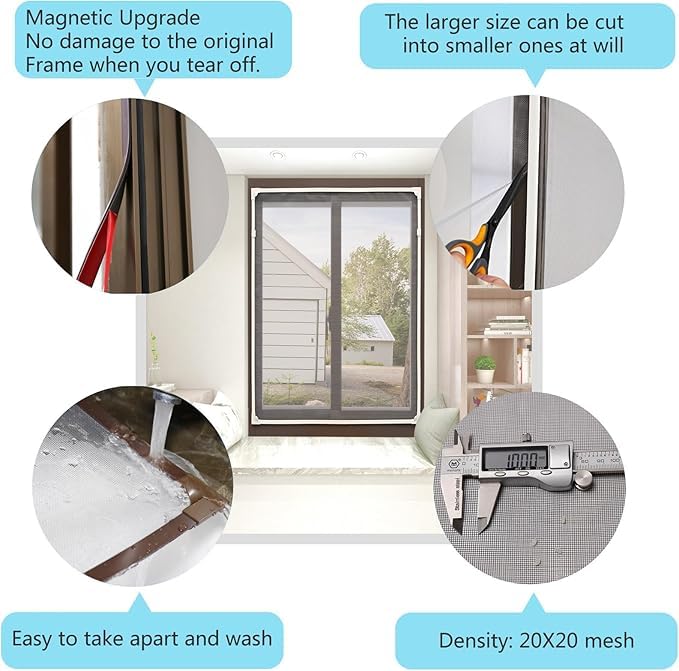 Image of DIY Adjustable Size Magnetic Screen Door Kit (White Frame + Gray Fiber Mesh) Easy and Quick Installation 59.1 x 51.2 inches (150 x 130 cm)