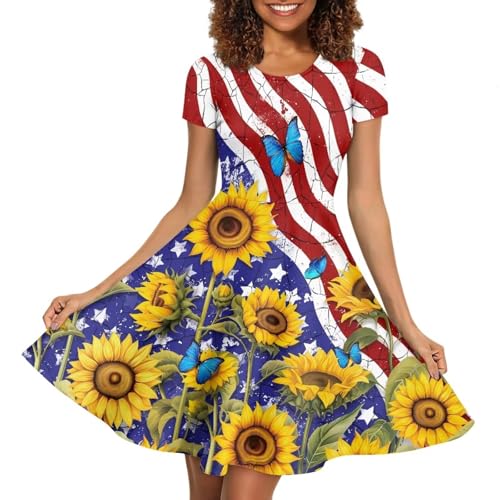 Image of HUGS IDEA Womens Puffy Swing Midi Dress Round Neck Short Sleeve Party A-Line Dresses