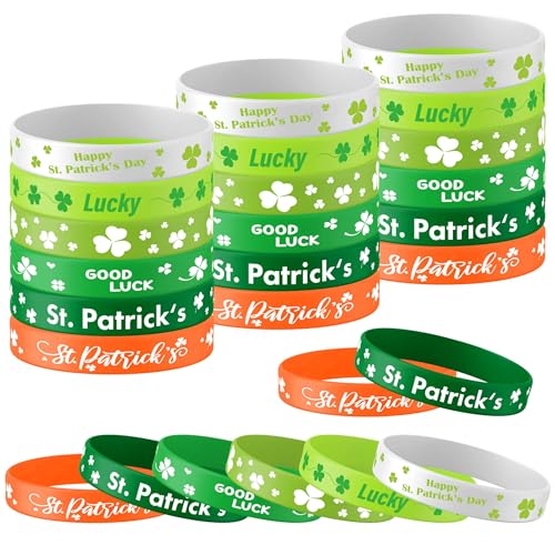 Lesnala 48 PCS St. patrick's day rubber wristband Shamrock Element Silicone Bracelet Theme Party Decoration for kids teens women men gifts holiday accessories Green