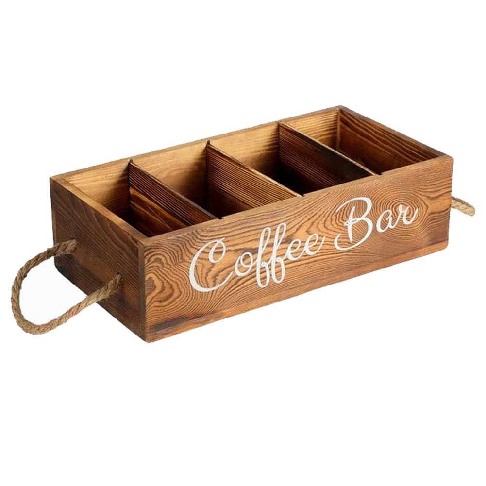 Luxylei As Shown 4 Compartment Wooden Storage Basket With 3 Dividers Adjustiable Coffee Bar Station Organiser Box Kitchen Decorative Basket