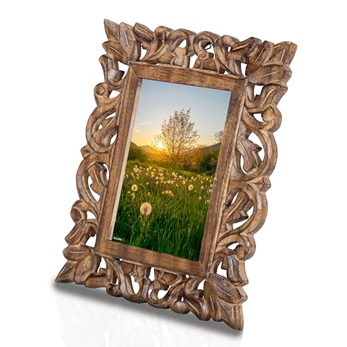 Indostrides Hand Carved Mango Wood Rustic 5X7 Picture Frame With Real Glass thumb #1