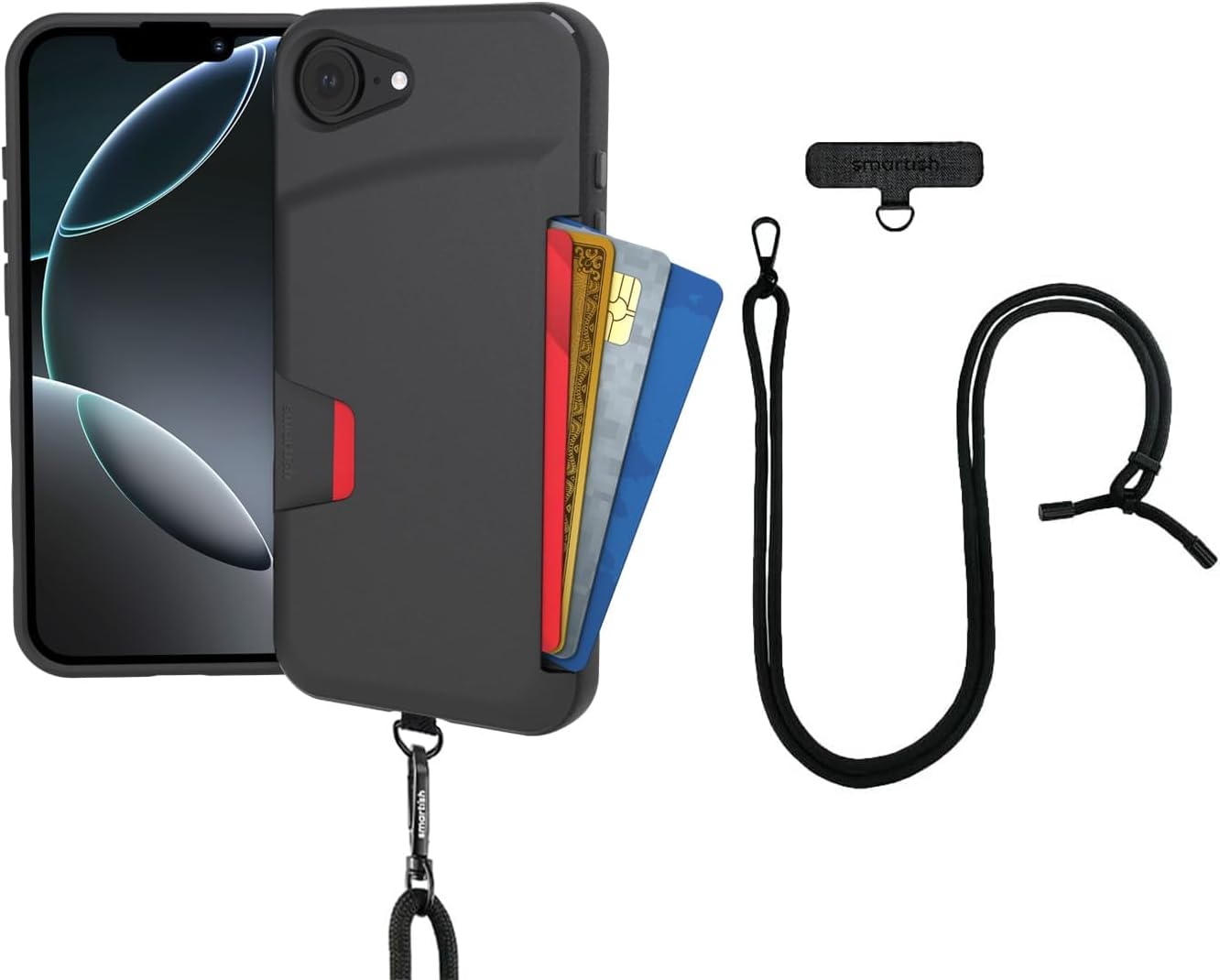 Smartish® iPhone 17e/16e Wallet Case with Crossbody Lanyard Strap - Wallet Slayer Vol. 1 - [Slim + Protective] Credit Card Holder with Universal Detachable Shoulder Neck Strap - Black Tie Affair