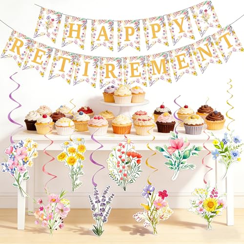 Image of Wildflower Retirement Party Decorations for Women | Gold Happy Retirement Banner with Floral Hanging Swirls,Just Retired Party Decor Supplies