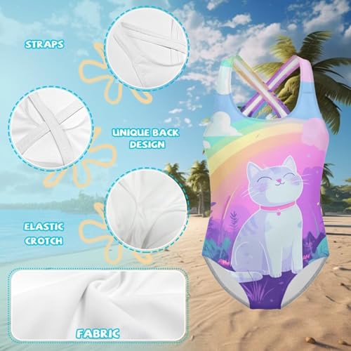 Image of Girls One Piece Cat Swimsuits Quick Dry Cartoon Beach Bathing Suit Crossback Swimwear for Kids 5-14 Years