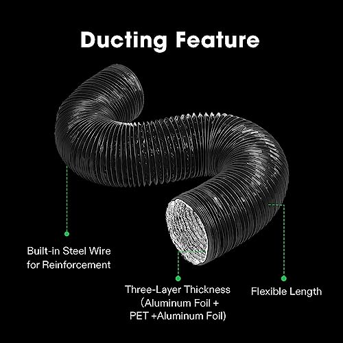 Vivosun 4 Inch 8 Feet Black Non-Insulated Flex Air Aluminum Ducting Dryer Vent Hose For Hvac Ventilation W/Two 4 Inch Stainless Steel Clamps #TOP2