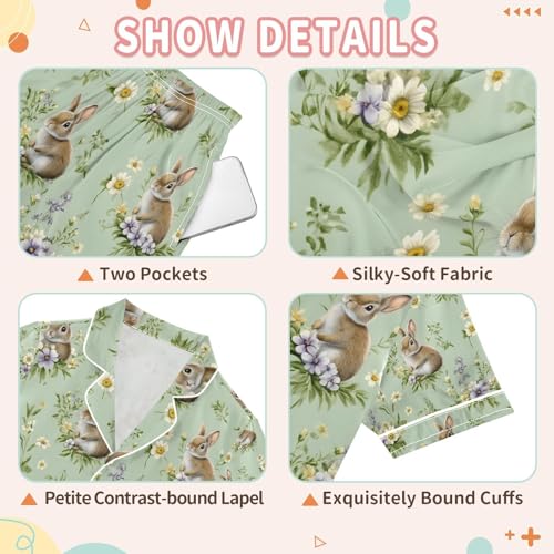 senya Watercolor Rabbit S Satin Summer Pajama Sets Silk Short Sleeve Button Down Sleepwear3