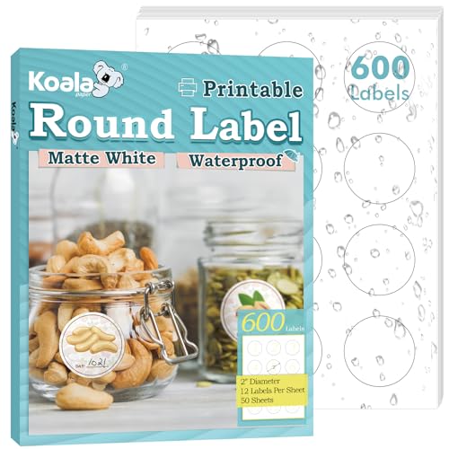 Koala Round Labels 2 Inch, Matte Waterproof Printable Circle Stickers for Inkjet and Laser Printer, 600 Circle Labels for Brand Logo, Bottle, Jar