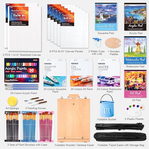 Shuttle-Art-168-Pcs-Artist-Painting-Set-Deluxe-Art-Set-with-Paint-Aluminum-and-Wooden-Easels-Canvas-Paper-Pads-Brushes-and-Other-Art-Supplies-Complete-Painting-Kit-for-Adults-Kids-and-Artists