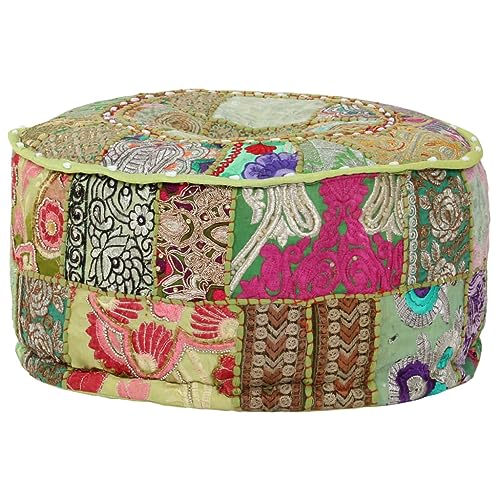 Pouf rond en coton fait main 40x20 cm vintage vert brodé d'exception - 4
