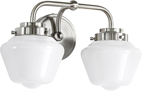 Miniatura 9 de Accesorios de iluminación de tocador de baño 2 lámparas de tocador con pantallas de vidrio lechoso esmerilado, luces de tocador de níquel cepillado