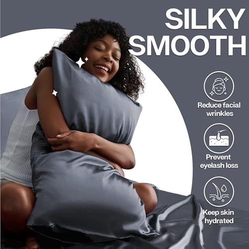 Image of MR&HM Satin Pillowcase for Hair and Skin, Silk Satin Pillowcase 2 Pack, Queen Size Pillow Cases Set of 2, Silky Pillow Cover with Envelope Closure (20x30, Space Grey)