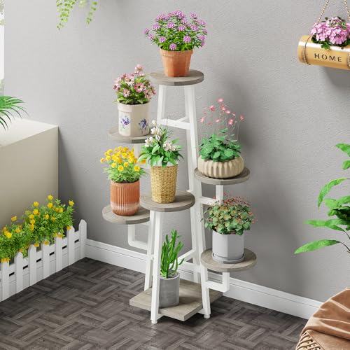 Image of Tribesigns 7 Tier Plant Stand Indoor, Tall Plant Shelf for Multiple Plants, Wooden Corner Plant Pots Holder Rack Flower Stand Shelf Planter Organizer for Living Room Balcony Garden, Beige Brown
