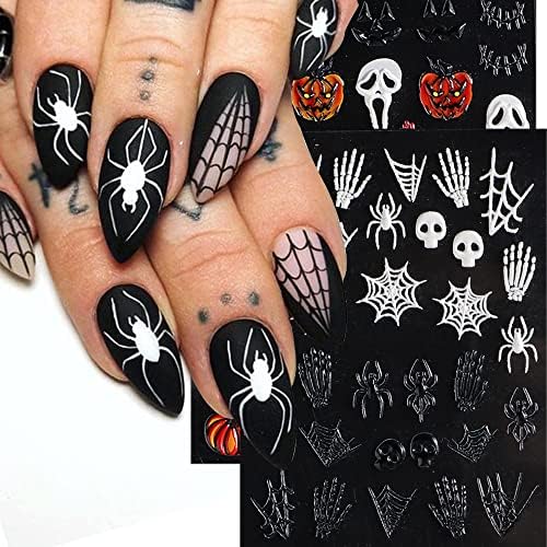 3D Embossed Halloween Nail Art Stickers Decals 5 Sheets 5D Self-Adhesive Pegatinas Uñas Scream Horror Ghost Skull Hands Spider Web Nail Supplies Nail Art Design Decoration Accessories