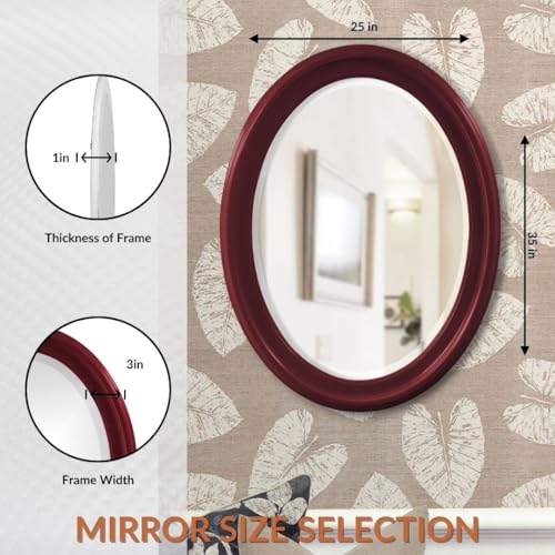 Image of Howard Elliott Collection George Oval Glossy Burgundy Wall Mirror, Oval Bevelled Hanging Wood Framed Vanity Mirrors for Home Decor, Living Room, Bathroom, Bedroom, or Hallway, 25 x 33 Inch