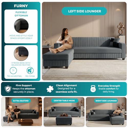 Image of FURNY Gracina 4 Seater L Shape Sofa Set with Movable Ottoman | Flexible Left or Right Layout | Plush Velvet Fabric (Dark Grey) | Perfect for Living Room, Guest Room & Office