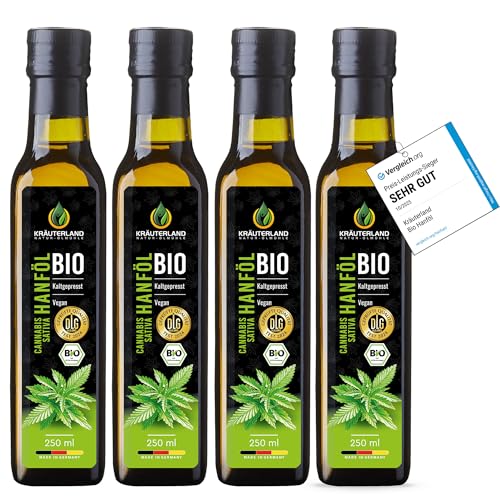 Kräuterland Bio Hanföl 4X250ml (1L), kaltgepresstes Hanfsamenöl, naturrein ohne Zusatzstoffe...