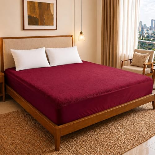 DREAM CARE Cotton Water Proof Terry Cloth Fitted Mattress Protector 84X66 Inch For Double Bed Queen Size With Elastic Strap Ultra Soft Mattress Cover Hypoallergenic Bed Cover (Maroon)