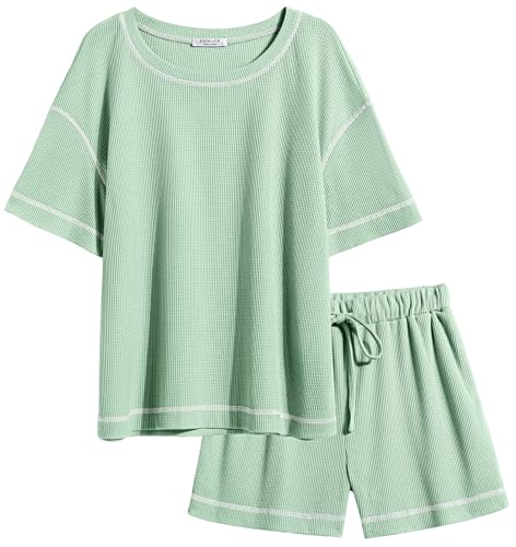 Image of Ekouaer Women's Waffle Knit Two Piece Lounge Set, Soft Matching Outfits for Daily Wear, Casual Shorts Set with Pocket