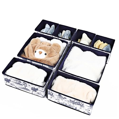 Image of House of Quirk Non-Woven Foldable Cloth Storage Box, Set of 8 Closet Dresser Drawer Organizer Containers for Underwear, Socks, Ties, Scarves with Drawers (Greek Blue), 28x28x13 cm