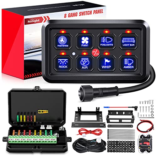 Image of Nilight 8 Gang Switch Panel System Circuit Control Relay System Fuse Wiring Harness Automatic Dimmable ON Off LED Switch Pod for 12V Cars Trucks Campers SUV, 2 Years Warranty,Blue