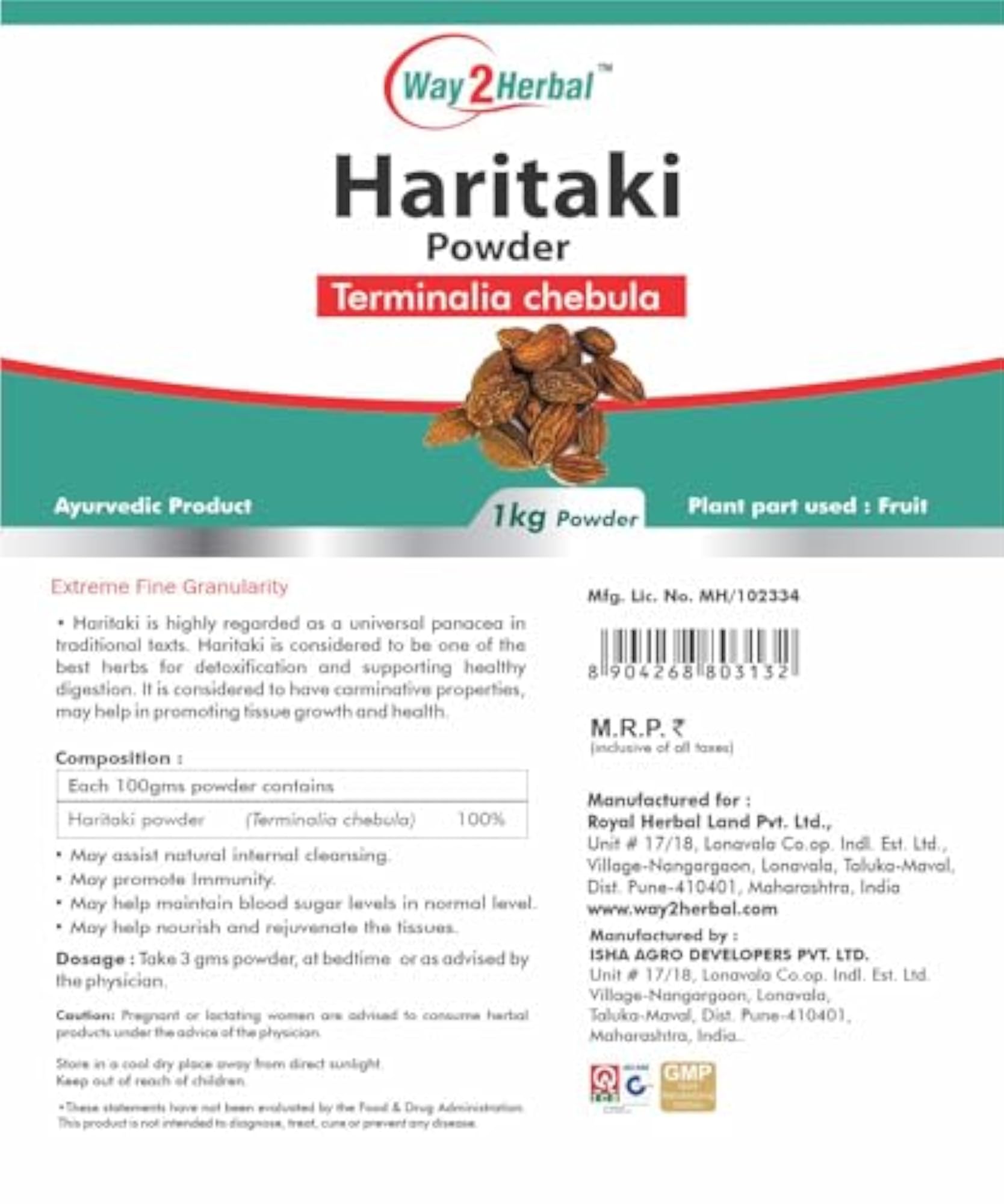 Way2Herbal Haritaki Powder, Natural Digestive Support