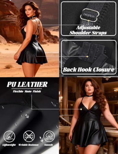 Image of ohyeah Faux Leather Lingerie Set for Women Plus Size PU Lingerie V Neck Backless Babydoll Chemise Mini Lingerie Dress