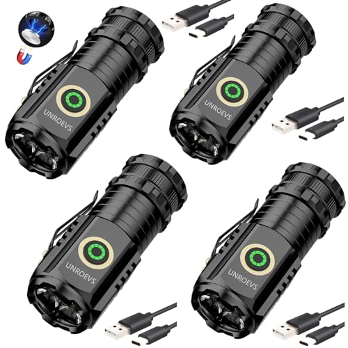Mini Flashlight 2550 Lumens Rechargeable USB C Charging, Small Flashlights High Lumens 5 Modes, Pocket Flashlight with Clip, Magnetic Flashlight for EDC,Camping, Hiking,Emergency (4 Pack)