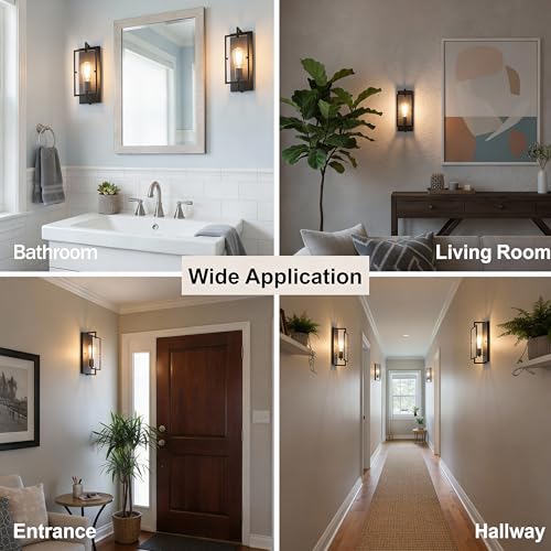Image of 1-Light Bathroom Light Fixture, Matte Black Vanity Lights Wall Sconce with Clear Glass Shade, Indoor Wall Lamp with E26 Base for Mirror Living Room Bedroom Hallway