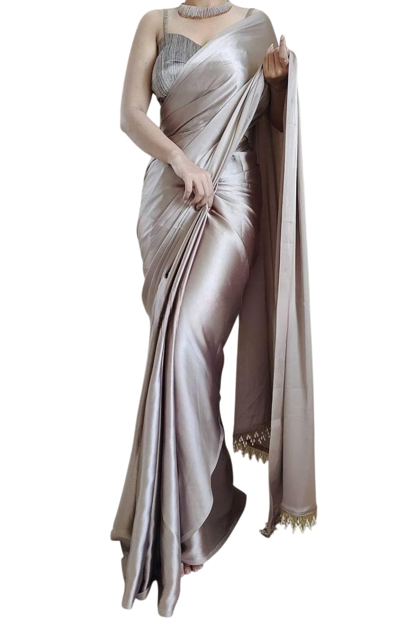 BRAHMSHAKTI Womens Heavy Satin Saree With Unsticthed Blouse piece