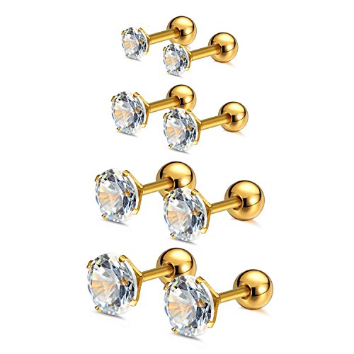 Charisma 16G Cartilage Tragus Helix Stud Stainless Steel Barbell Earrings for Women Men Screw Back Piercing Earrings (4 Pairs, 6mm bar length, 3mm-6mm Cubic Zirconia, Gold)